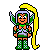 Pixel art character with yellow ponytail, green armor, and purple helmet in multiple expressions across a