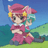 Pixelated anime-style character with pink outfit and cat ears standing on grassy hill under blue sky, next to black background with white text "Anime IM" and stylized signature.