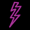 Two pixelated lightning bolts on black background, left bolt purple with jagged outline, right bolt bright pink with solid fill and dark purple border.
