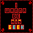 A 3x2 contact sheet of six animated frames showing a pixel art text-based icon with red, yellow, and cyan colors on black background.