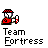 Pixelated character in red outfit holding a white object with green background elements, text 'Team Fortress' below.