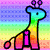 Pixelated giraffe with rainbow gradient body stands against striped background, holding pink object, with 'love' and 'giraffes' text below.