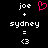 Pixelated text and symbols on black background: 'joe' above '+' above 'sydney', equals '<3'. Left side shows pink heart, right side shows white heart.
