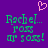 Purple background with green pixelated text reading 'Rachel... Pogs or Sogs!' and a pink heart symbol above the text.