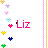 Pixelated icon with pink text 'Liz' and surrounding colorful heart shapes on white background.