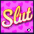 A 4-frame animated contact sheet showing a pink heart-patterned background with yellow text reading "Slut" and small black-and-white hearts in the corner of each frame.