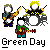Pixel art animation contact sheet showing five frames of a Green Day band icon with three musicians playing instruments against gray background
