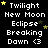 Black background with white text reading "Twilight New Moon Eclipse Breaking Dawn <3" repeated in four , each containing three of identical text blocks. Yellow and brown stars animate across the screen