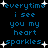 Blue pixelated text on black background with white star shapes, repeating 'everytime i see you my heart sparkles.'