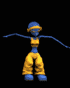 Animated character in yellow pants and blue top performs sequential arm and body movements against black background.