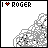 Pixelated icon showing 'I ❤️ ROGER' text with a heart symbol, gray mountain-like background, and changing colored icons in the center.