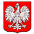 Red shield-shaped background with white eagle holding a sword and scepter, wings spread wide.
