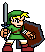 Pixel art character in green tunic and hat holding sword and shield, standing with neutral expression on gray background.