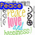 Animated icon displays layered text with changing highlighted words over a background of peace symbols and repeated 'Peace' text.