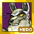 A 5-frame animated contact sheet showing a pixelated Neopets Lupe character with yellow eyes and white fur markings, wearing a golden frame against a purple background with the word HERO below it.