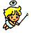 Pixelated angel with blonde hair, halo, and light blue dress holding a wand emitting small blue sparkles.