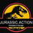 Pixelated image featuring a yellow dinosaur silhouette within a red arch, with text elements reading 'Jurassic Action', 'Prehistoric Carnage', and 'This is' on black background.