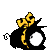 Pixelated black character with large white eyes and yellow 'US' text on its head, shown in six sequential poses with slight body and head shifts.