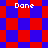 Red and blue pixelated squares form a shifting pattern with four instances of the word 'Done' in white text across different sections.
