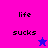 Pixelated text 'life' and 'sucks' on split background with two star icons changing color.