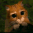 Animated sequence of a brown cartoon cat with large black eyes, light tan muzzle and chest, holding paws near its face against dark green background.