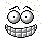 Pixelated cartoon face with multiple eye and mouth configurations on gray background with yellow speckles.