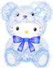Blue teddy bear with white face and yellow nose, wearing purple bow tie, blue flower on ear, black eyes, gray background.