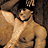 A 4-frame contact sheet of a pixelated animated icon showing a shirtless man with dark hair in various poses against a brown background.