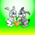 Two pixelated rabbits with blue eyes and gray fur stand side-by-side against a green gradient background, sharing a single orange carrot.