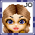 Pixelated doll avatar with brown hair, blue eyes, and pink lips; text 'JO' in top-right corner of each frame.