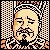 Pixelated static icon of a bald man with mustache and goatee, surrounded by orange-and-black checkered border on black background.
