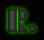 Green glowing 'R.' icon with dark gray lettering and small dot, displayed in six positions showing varying glow intensity