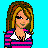 Pixel art contact sheet showing three frames of an animated buddy icon featuring a cartoon girl named Emily with pink and blue striped shirt, brown hair, and blue jeans against cyan background.