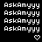 Pixelated text 'AskAmyyy' repeated in with white hearts below each on black background