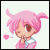 Pixel art contact sheet of a pink-haired anime-style character in two animated frames showing different expressions and text above the right frame.