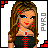 Pixel art character with long brown hair, blue eyes, red lips, and red earrings in multiple poses with red and black clothing.