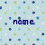 Pixelated static icon with blue text 'name' on a light pastel background of scattered colored squares.