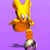 Yellow cartoon character with large eyes and orange body performs soccer actions on purple background, kicking black-and-white ball.