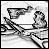 Black-and-white pixelated icon shows scissors cutting a piece of fabric with a patterned shape on it.