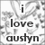 Black text on white background reads 'i love austyn' with pixelated grayscale floral pattern in background.