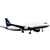 Pixelated image of a commercial airplane in profile view with dark gray body, white undercarriage, and blue tail fin against white background.