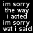 A black background displays white pixelated text repeating 'im sorry the way i acted' and 'im sorry wat i said' in a pattern
