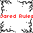 Pixelated black-and-white abstract shapes with red text "Jared Rules" repeated horizontally across a white background.
