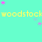 A static image with a cyan background featuring repeated yellow text 'woodstock' and scattered pink and light blue stars.