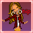 Pixel art contact sheet showing two frames of a dancing female character with long brown hair, red jacket, white shirt, and gold shoes against purple background with pink border.
