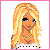 Pixel art of a blonde character with blue eyes and white polka-dot top, showing full body, legs, and text in pink font