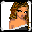 Pixel art contact sheet showing three frames of an animated buddy icon featuring a cartoon woman with long brown hair in various poses and outfits, accompanied by text captions below each frame.