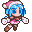 Pixel art character with blue hair and pink-and-white hat, wearing brown outfit with white gloves and pink checkered top.