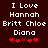 Dark red background with white pixelated text listing names and five red heart symbols below.