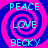 Four identical display a blue and pink spiral background with 'PEACE', 'LOVE', and 'BECKY' text in cyan pixelated font
